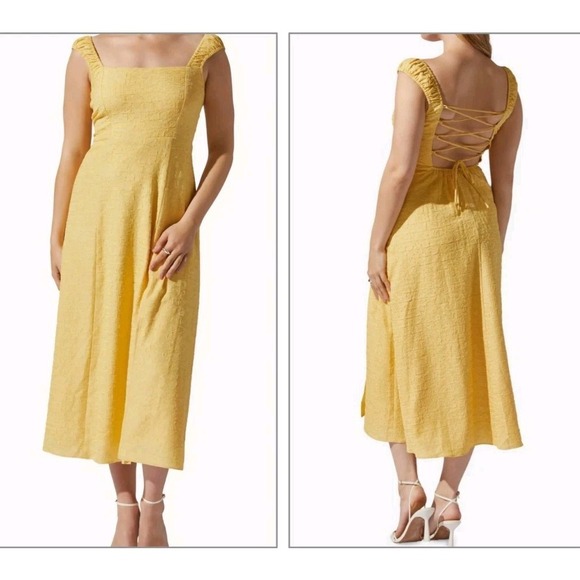 ASTR The Label Dresses & Skirts - NWT ASTR The Label Medium Crinkle Maxi Dress Yellow Corset Lace Up Back Cottage